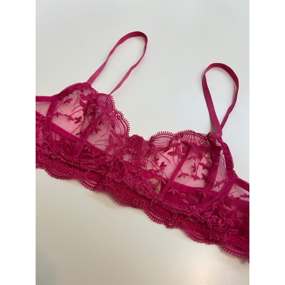 Magenta Pink Floral Embroidered Lace Underwire Bralette Sheer Mesh Size M